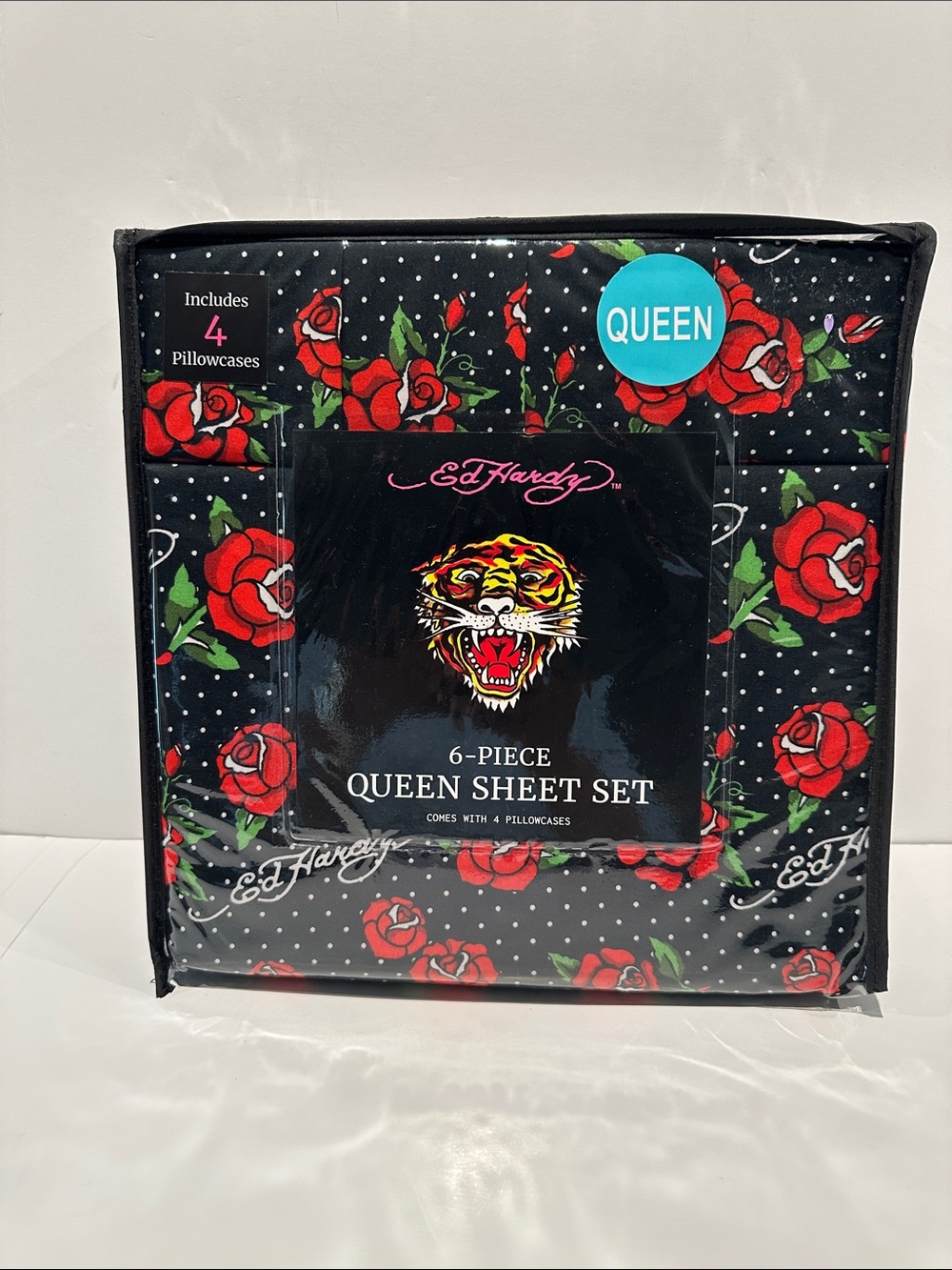 NWT Ed Hardy Roses are Red Blue Polka 6 Piece Queen Sheet Set w/4 Pillowcases.